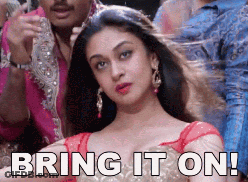 Woman In Red Top Saying Bring It On GIF