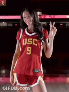 Woman In Red USC Jersey And Shorts GIF