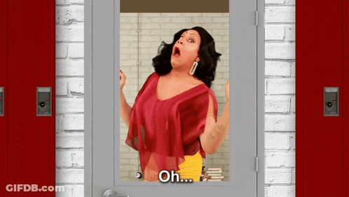 Woman In Red Yellow Shorts Door Saying Oh GIF
