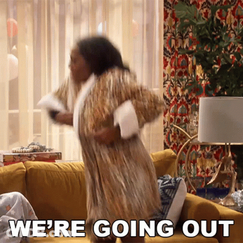 Woman In Robe Jumping On Couch We're Going Out GIF