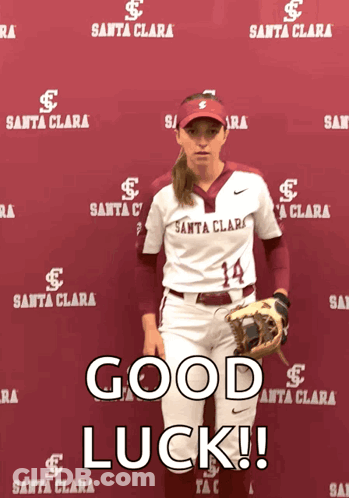 Woman In Santa Clara Jersey In Front Of Good Luck Wall GIF