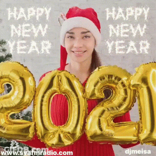 Woman In Santa Hat Holding Gold 2021 Balloons GIF