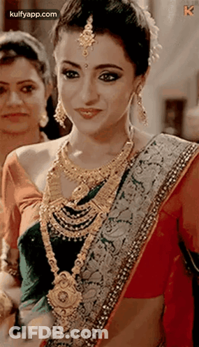 Woman In Saree And Gold Jewelry Smiling GIF