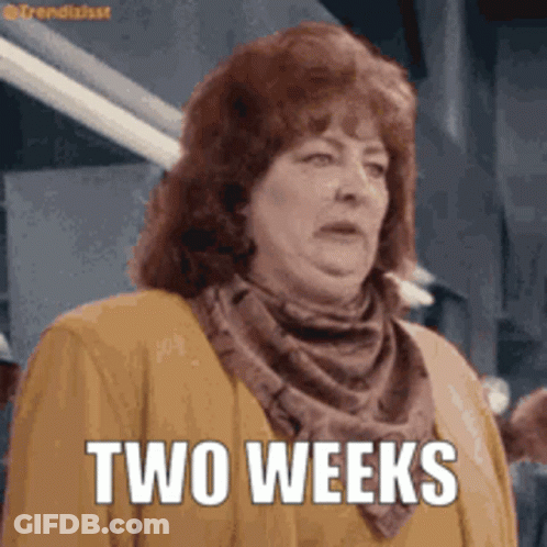 Woman In Scarf And Jacket Saying Two Weeks GIF
