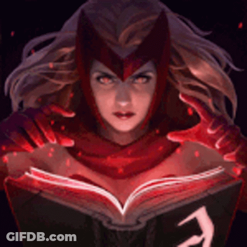 Woman In Scarlet Witch Costume Holding Book GIF