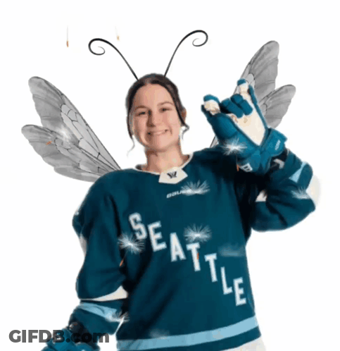 Woman In Seattle Hockey Jersey And Gloves GIF
