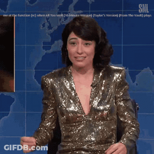 Woman In Sequined Top Sitting In Front Of SNL Map GIF