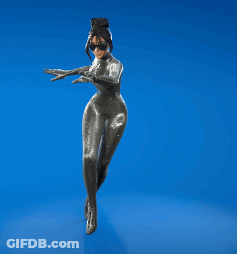 Woman In Silver Bodysuit And Sunglasses On Blue Surface GIF