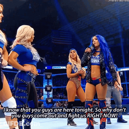Woman In Smackdown Shirt Talking To Another Woman GIF