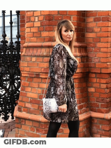 Woman In Snake Print Dress By Brick Wall GIF