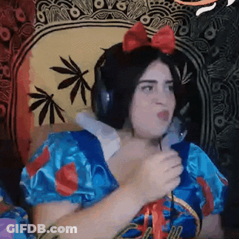 Woman In Snow White Costume With Headphones And Bow GIF