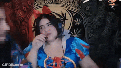 Woman In Snow White Costume With Headphones GIF