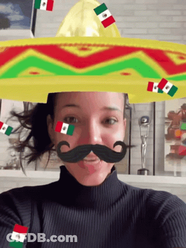 Woman In Sombrero And Fake Mustache With Flags GIF