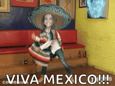 Woman In Sombrero And Poncho Dancing Viva Mexico GIF