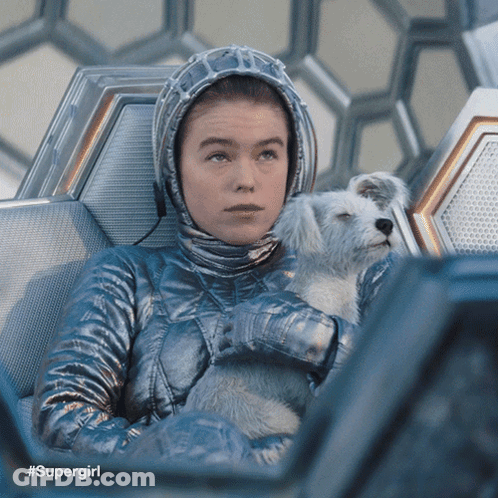 Woman In Space Suit Holding Small Dog GIF