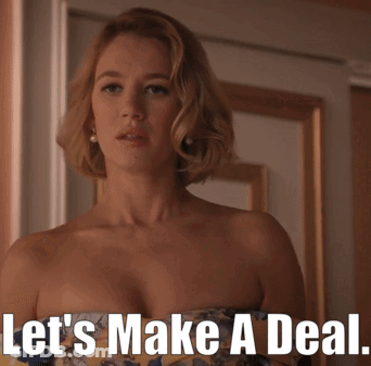 Woman In Strapless Dress Saying Lets Make A Deal GIF