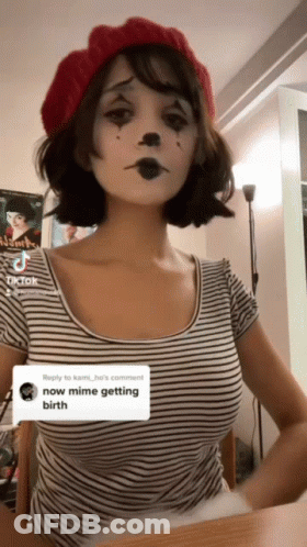 Woman In Striped Shirt And Red Beret Saying Now Mime Getting Birth GIF