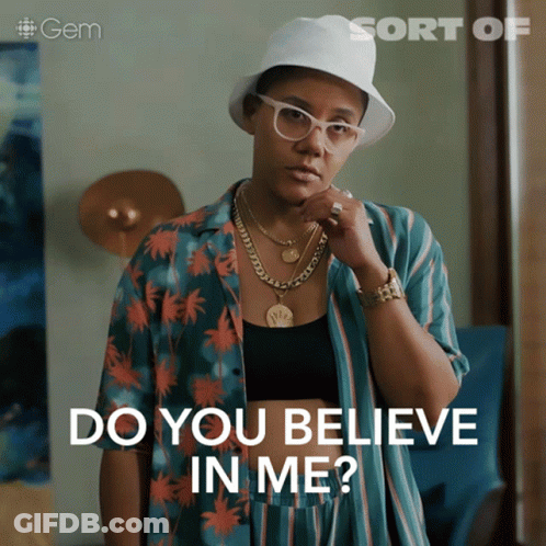 Woman In Striped Shirt And White Hat Saying Do You Believe In Me GIF