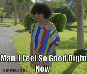 Woman In Striped Shirt Says Man I Feel So Good Right Now GIF