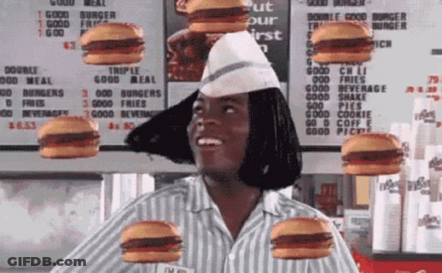 Woman In Striped Shirt Surrounded By Hamburgers GIF