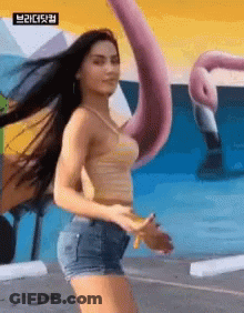 Woman In Striped Tank Top And Shorts In Front Of Flamingo Mural GIF