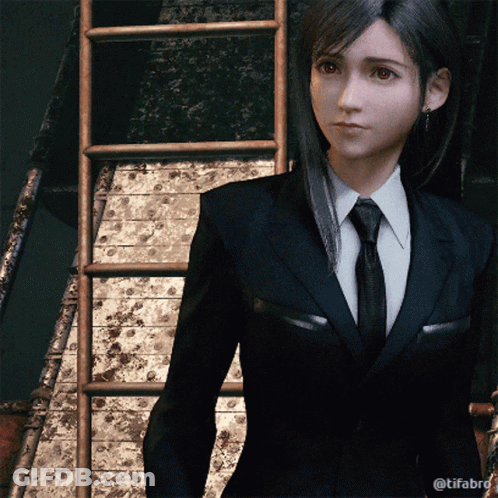 Woman In Suit And Tie Standing By Ladder GIF