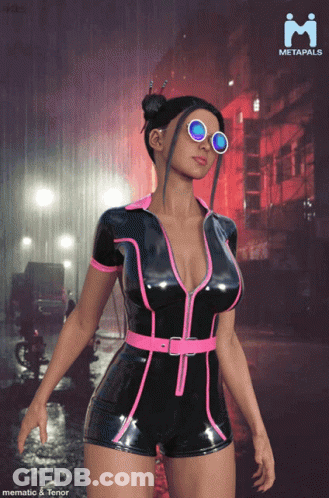 Woman In Sunglasses And Black Pink Outfit In Front Of Metapals Poster GIF