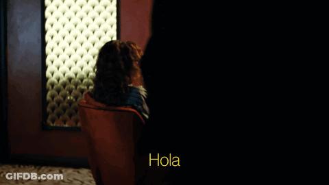 Woman In Sunglasses And Red Chair Saying Hola GIF