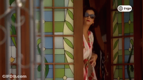 Woman In Sunglasses By Stained Glass With TVGO Logo GIF