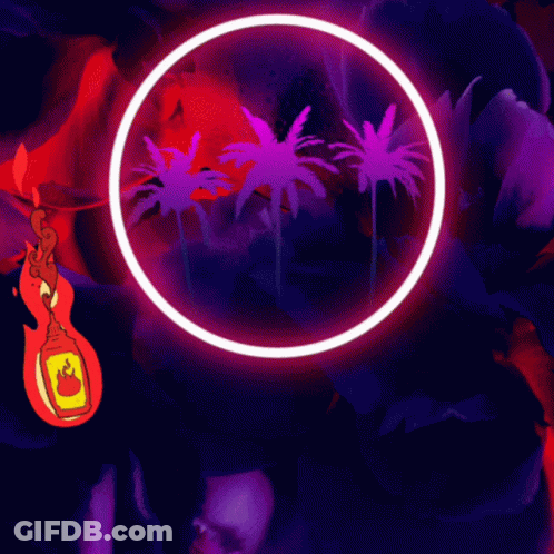 Woman In Sunglasses In Front Of Neon Circle With Flaming Object GIF