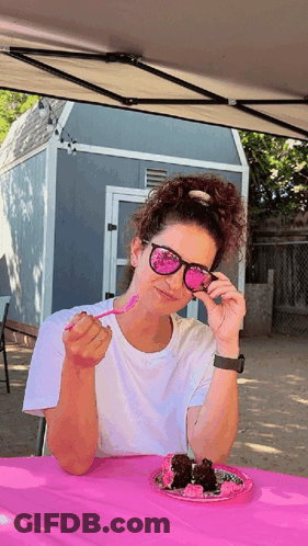 Woman In Sunglasses Sitting At Table With Food GIF