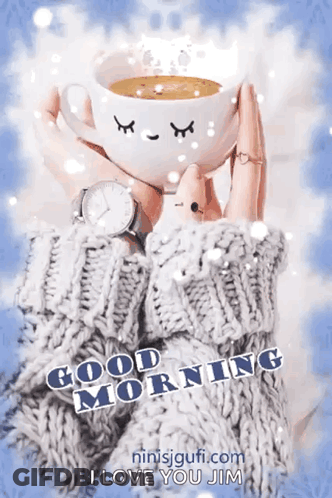 Woman In Sweater Holding Coffee Saying Good Morning GIF