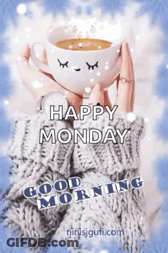 Woman In Sweater Holding Coffee Says Happy Monday GIF