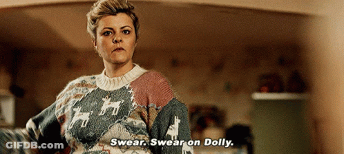 Woman In Sweater Saying Swear On Dolly GIF