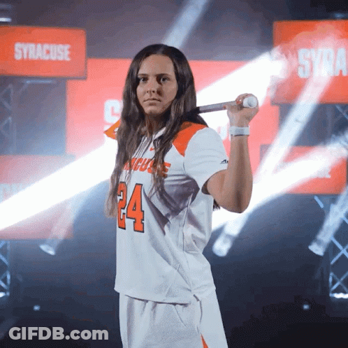 Woman In Syracuse Jersey Holding Bat GIF