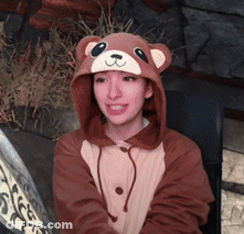 Woman In Teddy Bear Hooded Jacket And Hat GIF