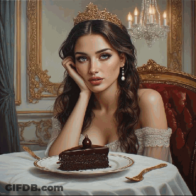 Woman In Tiara Sitting At Table With Cake GIF