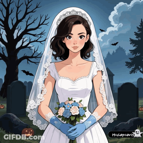 Woman In Wedding Dress Holding Blue Roses GIF