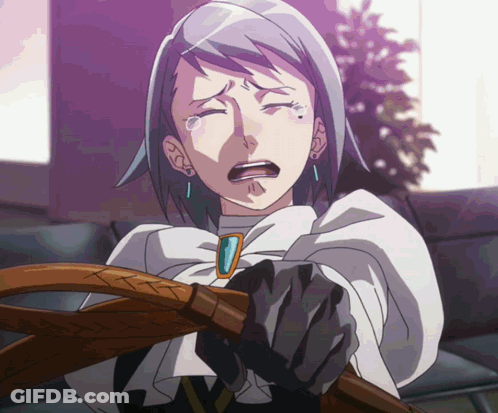 Woman In White Cape Crying Holding Wooden Stick GIF