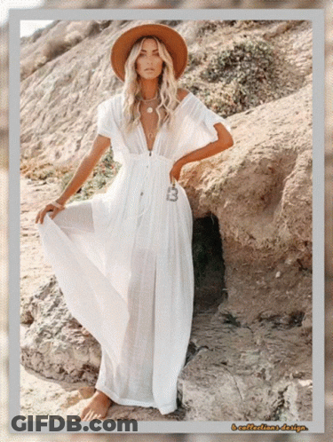 Woman In White Dress And Brown Hat On Rock GIF