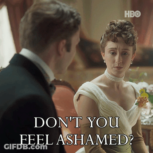 Woman In White Dress Asks Man Don't You Feel Ashamed GIF