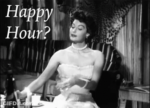 Woman In White Dress At Table Under Happy Hour GIF