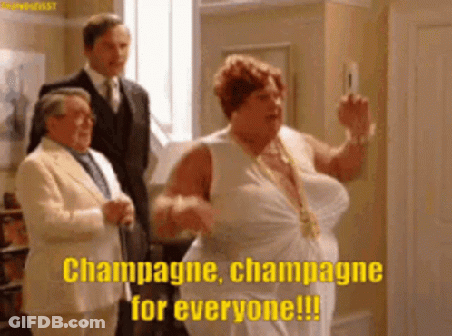 Woman In White Dress Dancing Says Champagne For Everyone GIF