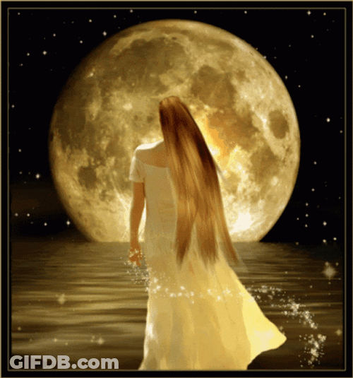 Woman In White Dress Facing Super Moon GIF