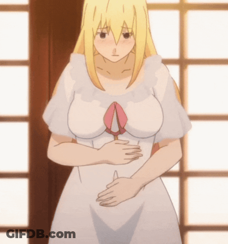 Woman In White Dress Holding Belly GIF