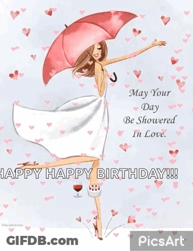 Woman In White Dress Holding Pink Umbrella And Cake GIF