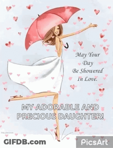 Woman In White Dress Holding Pink Umbrella With Falling Hearts GIF