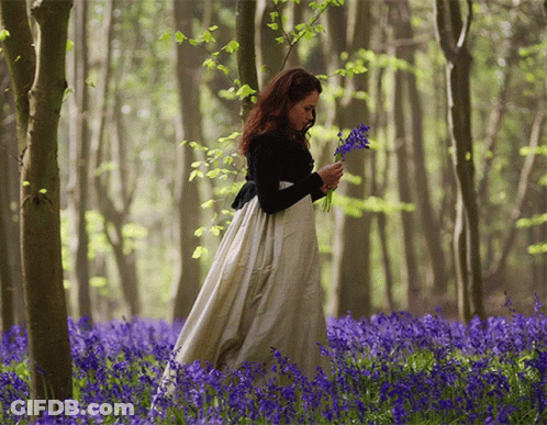 Woman In White Dress In Blue Flower Field GIF