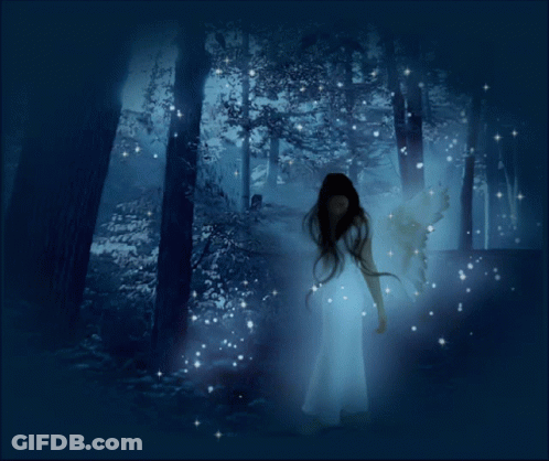 Woman In White Dress In Dark Forest Surrounded By Stars GIF