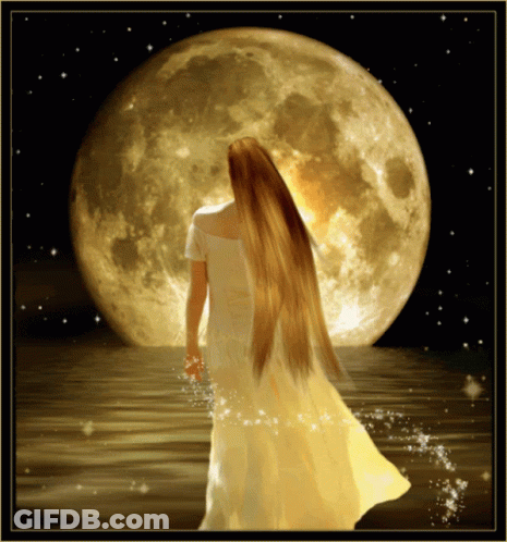 Woman In White Dress In Front Of Full Moon GIF